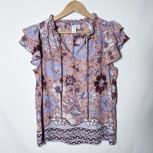 NWT Joie pink and lavendar floral short sleeve feminine ruffled blouse SZ: xs